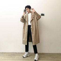 Autumn Men's Loose Casual Long Windbreaker Fashion Trend Trench Coat Style Cardigans Black/khaki Color Overcoat Size M-2XL 210524