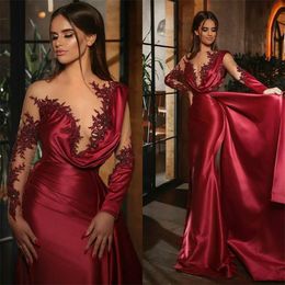 backless white lace feather dress UK - Red Formal Mermaid Evening Dresses Beading lace Sexy Sheer Long Sleeves Ruched Satin Runway Prom Party Gowns Overskirt