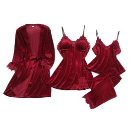 Solid Color Simple And Sexy Gold Velvet Pajamas Set Women's Spaghetti Strap Four Sets Of Lace Decoration Sarongs