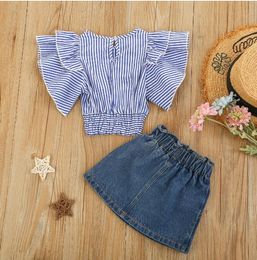 Kids Baby Girls Fashion 2-piece Outfit Set Fly Sleeve Striped Tops+Denim Skirt Girl Clothes