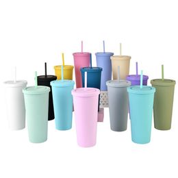 DHL 22OZ SKINNY TUMBLERS Matte Coloured Acrylic Tumbler with Lids and Straws Double Wall Plastic Reusable Cup