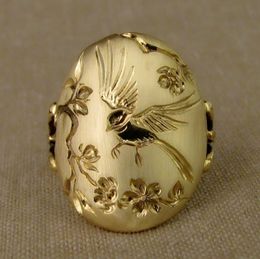 Exquisite 18K Solid Gold Carved Flower and Bird Ring for Women Bridal Anniversary Engagement Wedding Girlfriend Mom Wife Birthday Gift Jewellery