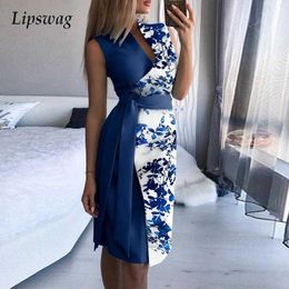 Elegant V Neck Sleeveless Party Dress Sexy Wrap Lace-up Belt Office Lady Dress Women Contrast Striped Floral Print Knee Dresses Y1006