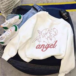 Cartoon print Winter casual female fashion punk large size loose female fun angel letter ins long sleeve Vintage sweatshirt 210909