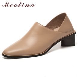 Meotina Square Toe Women Shoes Genuine Leather Chunky Heels Pumps Ladies Slip On High Heel Shoes Fashion Footwear Black 41 42 210520