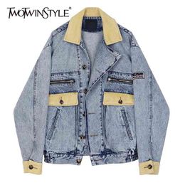 Casual Patchwork Pocket Denim Jacket Female Lapel Long Sleeve Hit Colour Jackets For Women Spring Clothing 210524