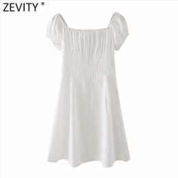 Zevity Spring Women Sweet Slash Neck Short Sleeve Elastic Slim A Line Dress Prairie Chic Female Pleats Mini Vestido DS4979 210603