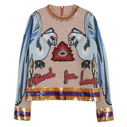 Autumn Winter Runway Embroidery Sequined Knitting Sweaters Fashion Parrot Jacquard Long Sleeve O Neck Women Pullover Jumper 210914