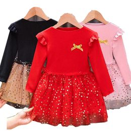 Children's Clothes Christmas TUTU dresses Full Sleeve Gold Star Red Pink Princess Knitting Dress For Girls Baby Cute Vestidos Q0716