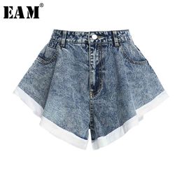 [EAM] Women Denim Blue Ruffles Stitch Wide Leg Shorts High Waist Loose Fit Trousers Fashion Tide Spring Summer 1Y104