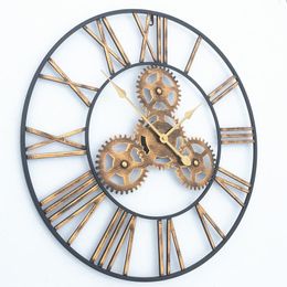 Wall Clocks 30-80cm American Wooden 3D Retro Gear Roman Clock Modern Design Living Room Cafe Quiet Decorative Quartz