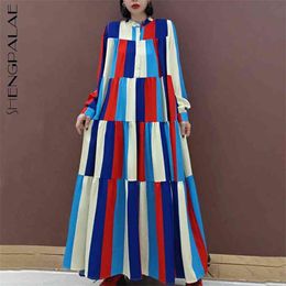 SHENGPLLAE Personality Striped Printed Dress Women's Spring Round Neck Loose Single Breasted Long Sleeve Maxi Dresses 5B801 210427