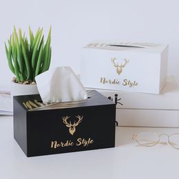 Home 20*13*10 Cm Car Pumping Nordic Style Deer Head Wooden Tissue Storage Box Black And White 210326