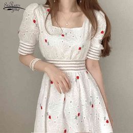 Women Summer Design Floral Embroidery Date Elegant Chic Dress Hollow Out White Lace Party Flhjlwoc Vestidos 14394 210521