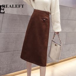 Winter Women Midi Skirts Korean Style Button High Waist Solid Colour Woollen Women's A-Line Female 210428