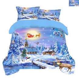 Bedding Home Set Kid Healthy Blue Colour Linings Duvet Cover Bed Sheet Pillowcases Christmas Tree And Snow Deer 210458