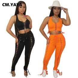 CM.YAYA Active Lace Up Hollow Out Sweatsuit Women's Set Tank Crop Tops and Pants Tracksuit Matching Two Piece Set Fitness Outfit Y0625