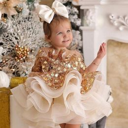 2021 Cute Short Flower Girls Dresses For Wedding Champagne Gold Sequined Crystal Lace Long Sleeves Tulle Tiered Ruffles Children Kids Party Communion Gowns