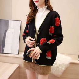 Lazy embroidered outer wear sweater knitted cardigan women autumn and winter jacket female trend 210427