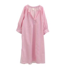 PERHAPS U Pink Blue V Neck 3/4 Puff Sleeve Plaid Midi Dress Loose Casual D0620 210529