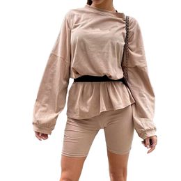 Casual solid women's two piece with belt Summer Fashion Home Solid Colour Loose long sleeve T-shirt Shorts Female Playsuits 210514