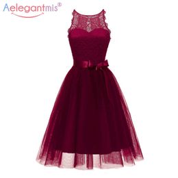 Aelegantmis Spring Vintage Evening Women Lace Dress Casual High Waist Party With Bowknot Belt Ladies Sleeveless es 210607