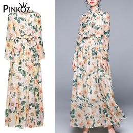 Long Dress Fashion Spring Bohemian Women'S Round Neck Sleeves Ribbon Holiday Party Beach Gorgeous Flowers Print 210421