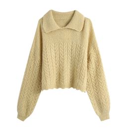 BLSQR Vintage Ribbed Trims Jacquard Crop Knitted Sweater Women Lapel Long Sleeve Female Pullovers Retro Jumper 210430