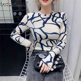 Spring T-shirt Women Cotton Abstract Print O-neck Long Sleeve Slim Stretchy Tops For Girls T0N901A 210421