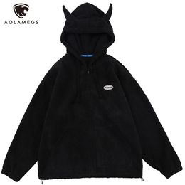 Aolamegs Hoodies Men Twist Knitting Demon Horns Solid Colour Zipper Coats Soft Cosy Hipster Tops Hip Hop Loose Casual Streetwear 211014