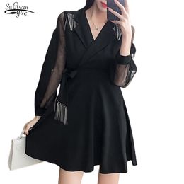 Autumn Bodycon Long Sleeve Office Lady Dresses Black Mini Sexy Women Empire Tassel Bow A-Line Club Vestido 12558 210521