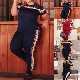 Plus Size Women Two Piece Pants 6XL Shoulder Tops Female Clothing Blouse Shirts Big Short Sleeve