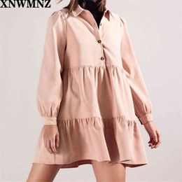 Women Sweet Fashion Ruffled Corduroy Mini Dress Vintage Lapel Collar Long Sleeve With Buttons Female Dresses Mujer 210520