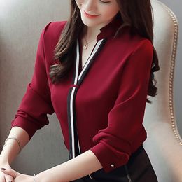 Designs Fashion Shirts Tops Korean Long Sleeve Blusa Women Blouses Office Chiffon Shirts Stripe V-collar Womens Tops 800B xxx