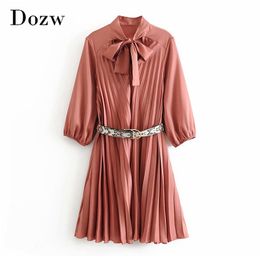 Elegant Pleated Pink Dress Women Bow Tie Collar Stylish Mini es With Snake Belt Ladies A Line Chic Party 210515