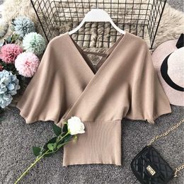 Pullovers Preto V Neck Batwing Sleeve Sweater Cropped All-Match Casual Backless Hollow Out Camisas Fashion Tops Elastic 210610