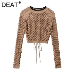 [DEAT] White Fashion Spring Autumn Round Neck Hollow Out Backless Drawstring Knitting Loose Sweater Women 13C215 211018