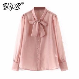 Women shirt pink bow tie neck blouse korean style long sleeve autumn lady fashion tops blusas 210430