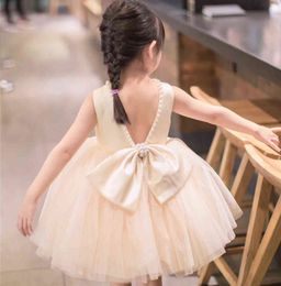 Tulle Baby Champagne Girl Dresses Special Occasion Dress Pearl Baptism Ball Gown Newborn Birthday Princess Party Clothes G1129