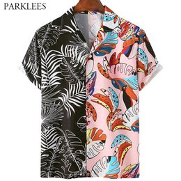 Colorful Leaf Printed Mens Summer Hawaiian Shirt Fashion Patchwork Shirts for Men Casual Button Up Men Short Sleeve Shirt 210524