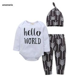 2020 New Baby Child 3pcs Clothing Suits Long Sleeve Jumpsuit Hello World Hat Long Pants Boy Girl Home Service Suits G1023