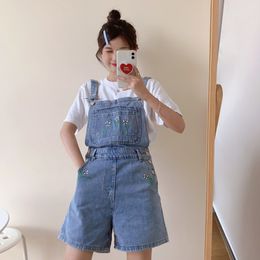 summer korean preppy style Jumpsuit Denim Overalls Casual Girls floral straight Jeans Shorts womens (F8010) 210423
