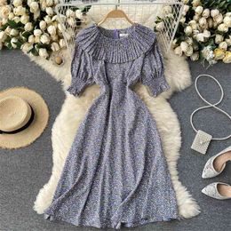 French Vestidos Female Summer Pleated Ruffled Round Neck Puff Sleeve Slim Floral Platycodon Midi Dress GK629 210506