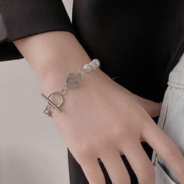 Link, Chain Juorest Punk Bracelets For Women Trendy Sliver Reflective Pearl Casual Streetwear Rose Flower Jewellery