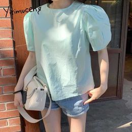 Yitimuceng Green Blouse Women Backless Shirring Oveisize Shirts Puff Sleeve Unicolor Summer Korean Fashion Cut Out Tops 210601