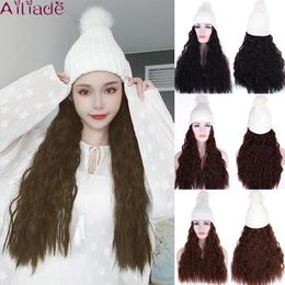 Women Hats Natural Wavy Or Straight Synthetic Hair Extensions With Cap All-in-one Female Knitted Black/White Hat Wide Brim