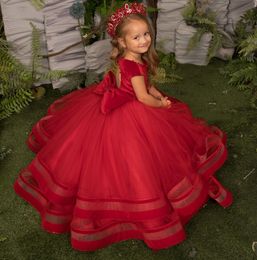 2022 Lovely Christmas Dark Red Flower Girls Dresses Jewel Neck Crystal Beads Tulle Tiered Floor Length Kids Birthday Girl Pageant Gowns Back With Bow