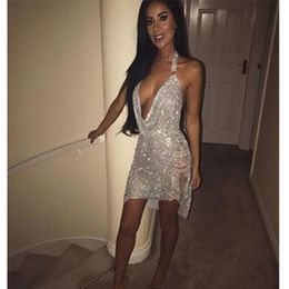 Casual Dresses Luxury Sexy Women Metal Diamonds Chain Crystal Party Summer Halter Gold Silver Sequins Night Club Dress Vesitos LYQ1288