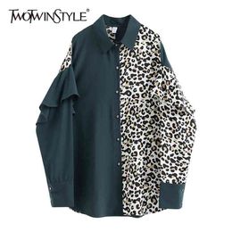 Vintage Print Leopard Shirt For Women Lapel Long Sleeve Patchwork Ruffle Hit Colour Blouse Female Fashion 210524