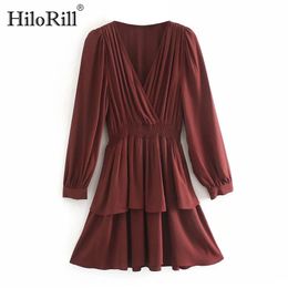 Solid Elegant Dress Autumn Spring V Neck Vintage Party Elastic Waist Wine Red Color Mini Robe Femme 210508
